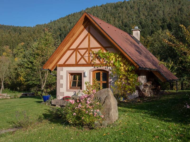 ein kleines Fachwerkhaus steht auf einer Wiese vor einem Wald mit Blumen im Vordergrund
