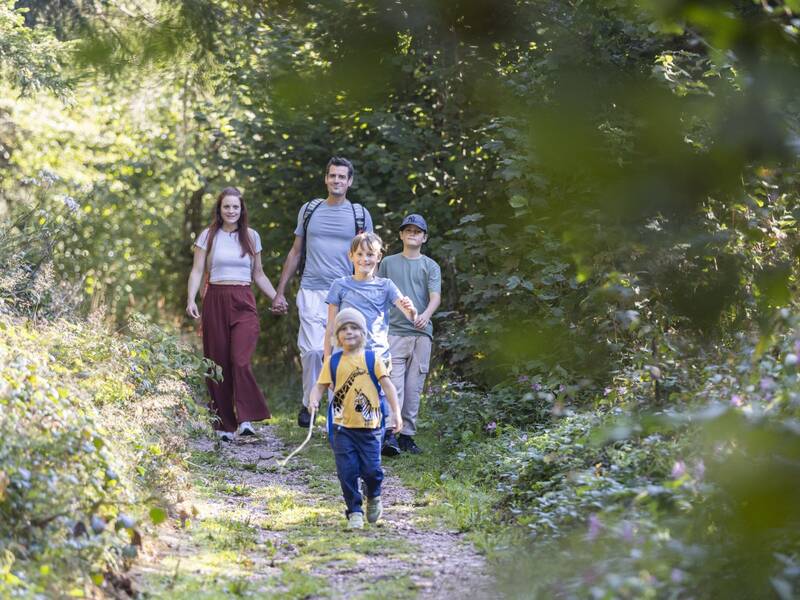 Eine Familie mit drei Kindern geht durch den Wald auf einem schmalen Schotterweg